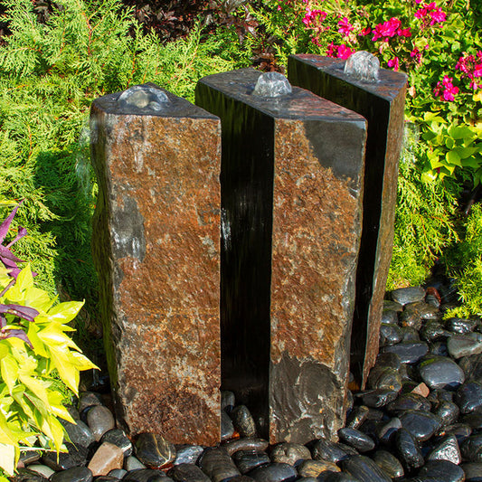 36" Triple Split Polished Basalt Stone Outdoor Fountain - 3 Piece