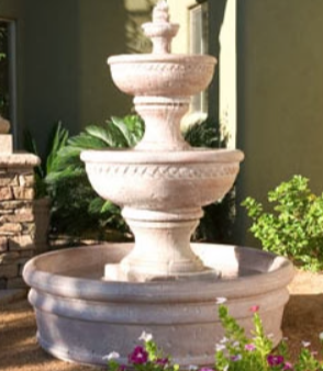 Concrete Three Tiered Sonoma Garden Fountain w/ Basin